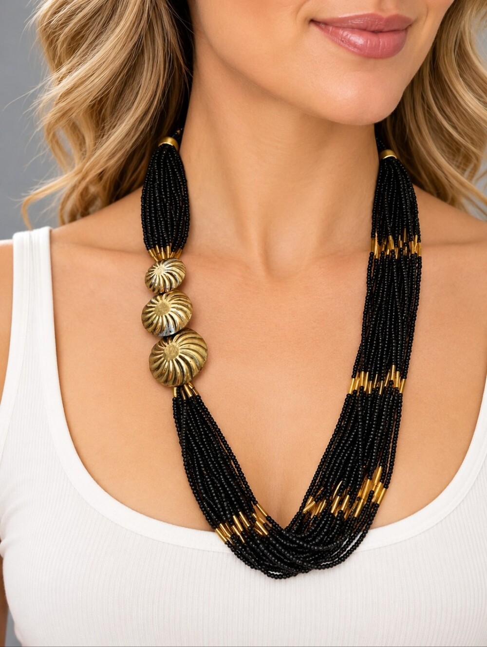 Vintage Silver Concho Black Multi-Strand Beaded Statement Necklace